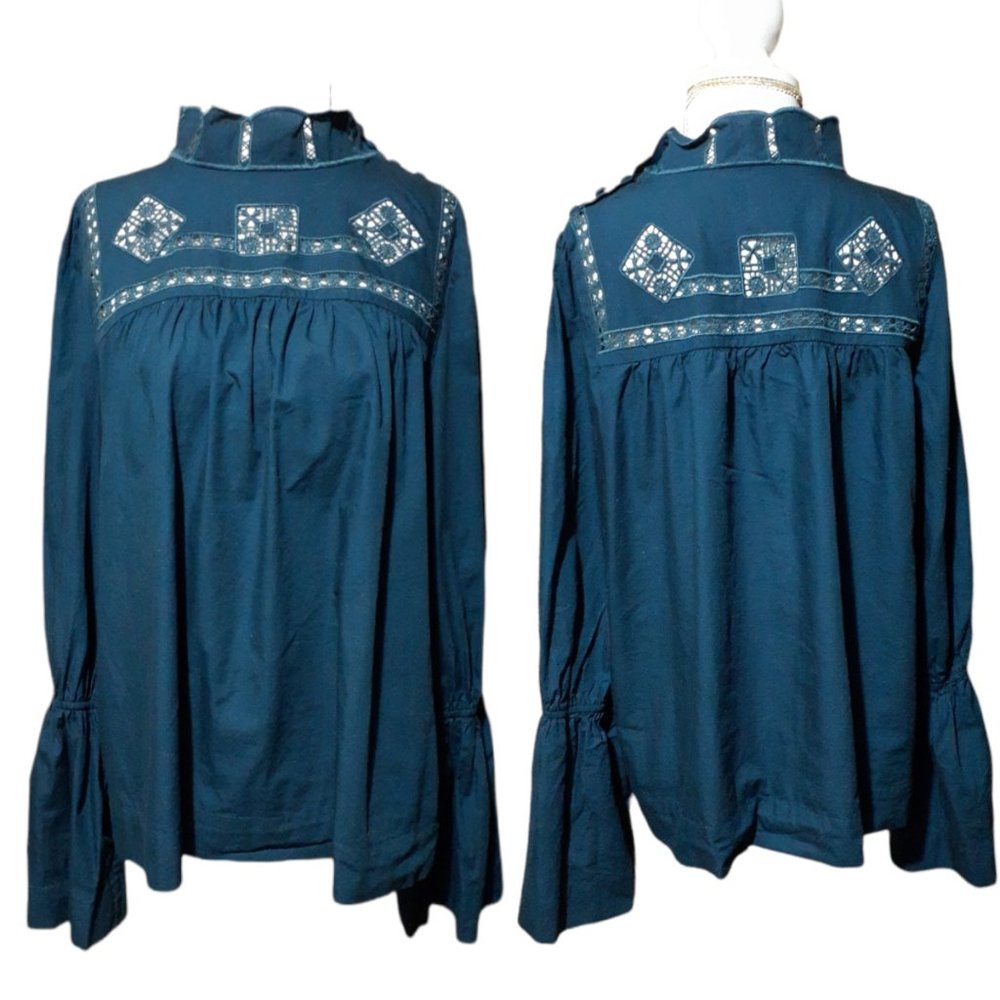 Free People Women's Another Eternity Top Cerulean Blue Long Bell Sleeves Lace L